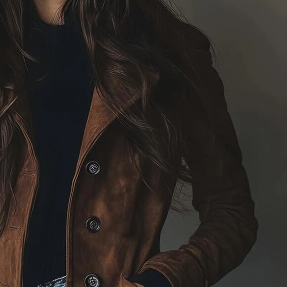 Brown Faux Suede Notch Lapel Knee Length Coat - Picture 4 of 6